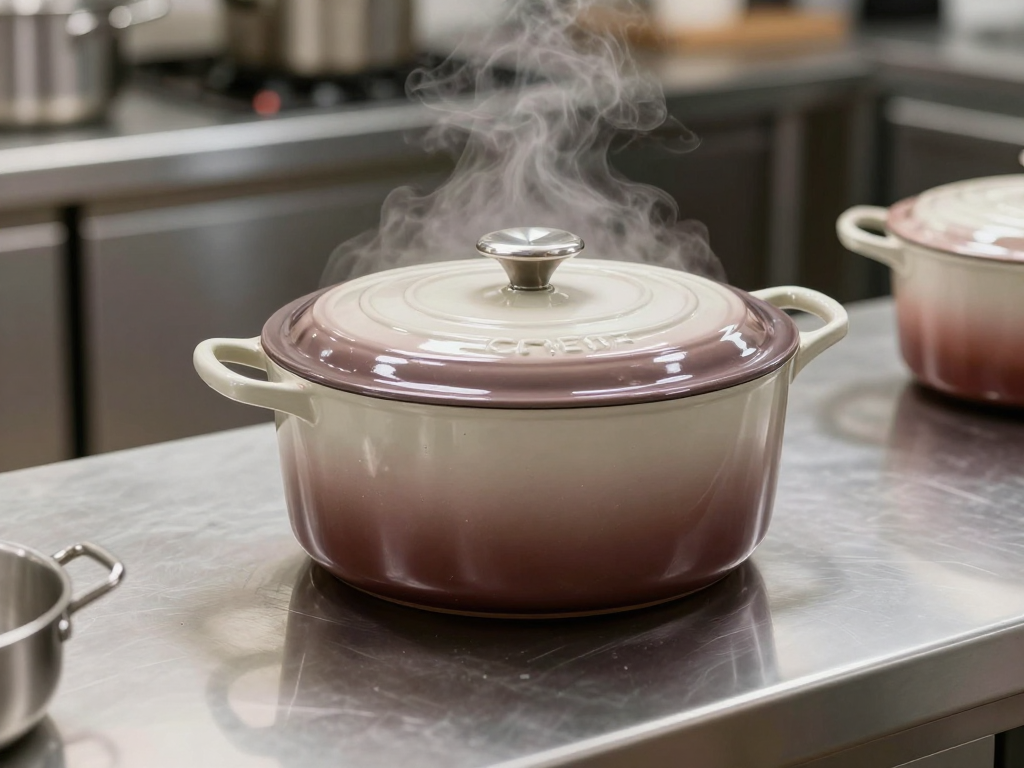 Le Creuset Dutch oven on a stainless prep table.