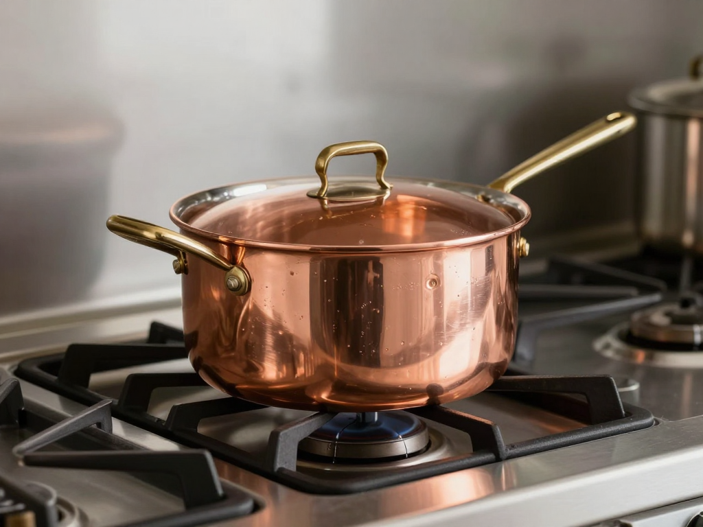 Mauviel copper saucepan on a professional stove.