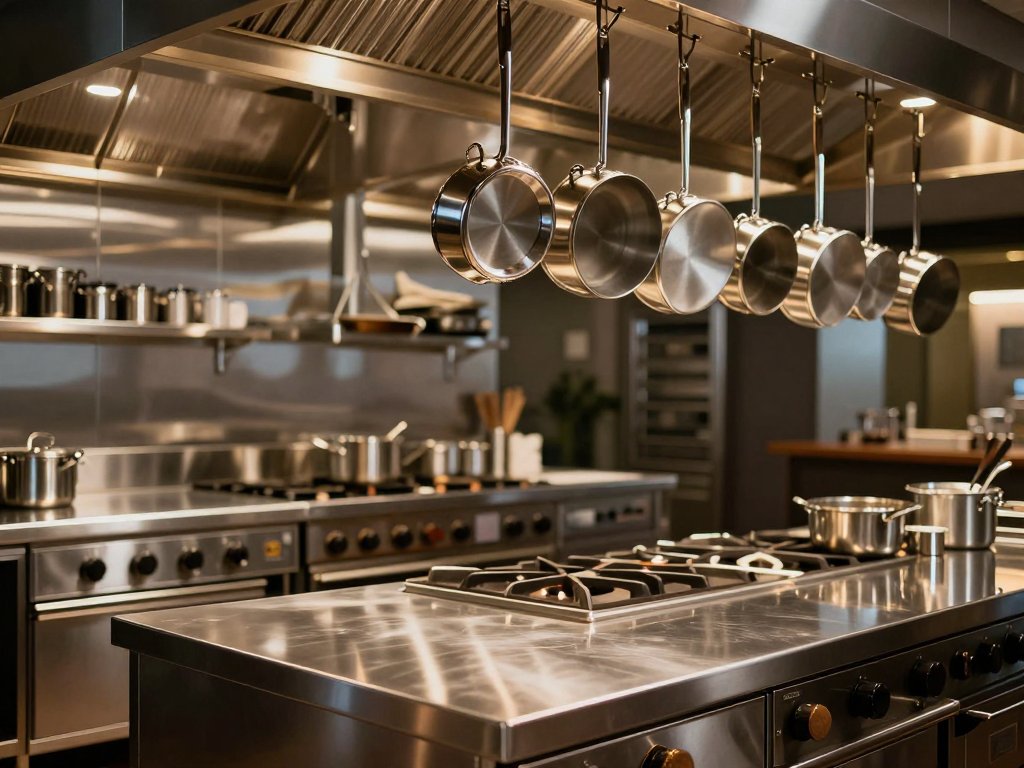 Professional stainless steel commercial kitchen with premium cookware.