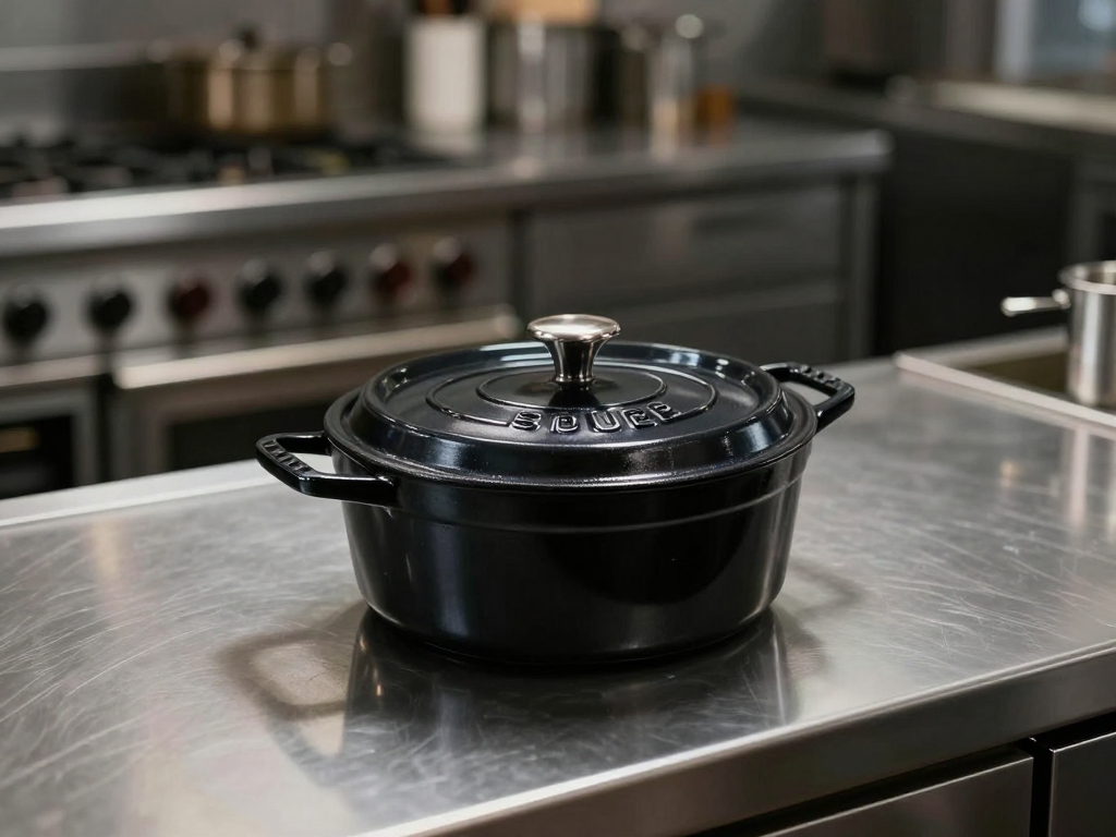 Staub cocotte in a professional kitchen.